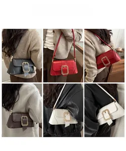 Model wearing retro baguette bag in four colors with luxury golden metal buckle