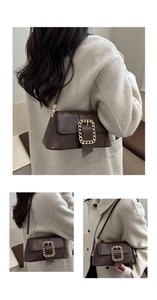 Three-way view of a dark brown leather shoulder bag with a gold chain buckle buckle detail