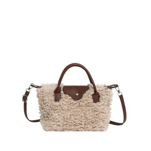Winter fluffy faux fur crossbody bag in beige and brown leather details with silver hardware