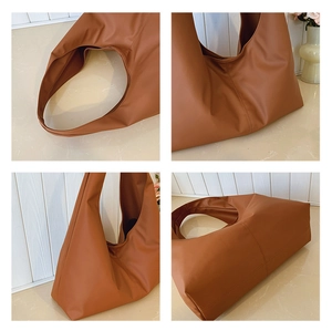 Detailed views of caramel leather tote bag showing structure, base and side profile