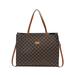 Brown checkered tote bag with leather handles and crossbody strap in a minimalist retro style