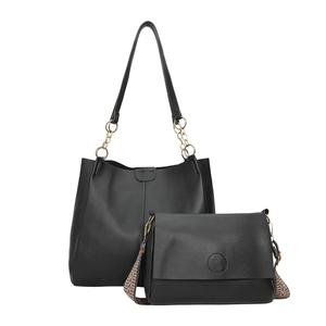 Black large capacity tote bag and crossbody bag set with stylish geometric woven strap