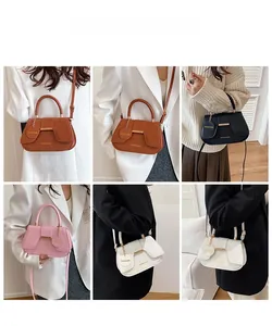 Detailed grid view of minimalist crossbody bags in brown, black, pink, and white finishes