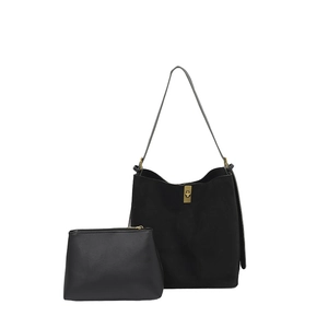 Grand cabas minimaliste en daim noir avec pochette assortie et fermoir doré