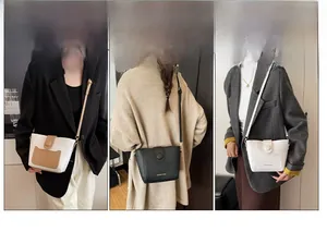Vista in tre parti della borsa a secchiello con colori a contrasto e tasca frontale