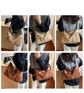Collage d'un mannequin portant un grand sac bandoulière en daim beige et marron rouge