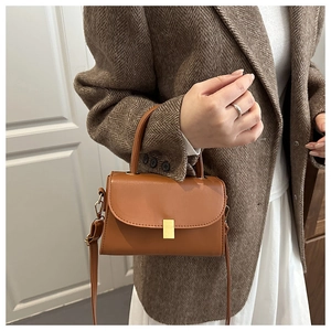 Close-up of brown leather crossbody bag featuring a golden buckle and elegant top handle