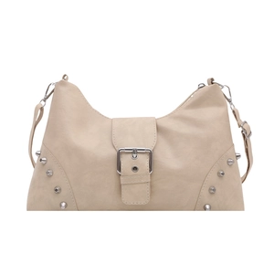 Retro beige tote bag with silver rivets and metal buckle on white background