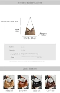 Spécifications de taille et options de couleur pour le sac hobo en daim souple