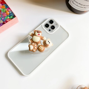 Cute white translucent phone case with 3D cartoon bear and heart expanding stand