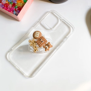 Coque iPhone transparente pailletée avec support mignon ours, biscuit et cœur