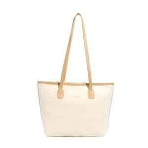 Chic beige tote bag with brown leather straps and gold 'New York' text lettering