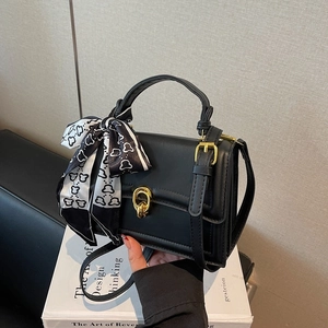 Minimalist PU Leather Small Square Bag For Women With Silk Scarf Decoration Metal Twist Lock Handbag Shoulder Crossbody Bag