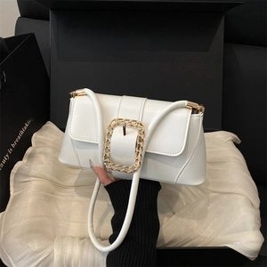 White leather baguette shoulder bag with gold chain buckle in premium gift box