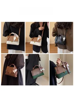 Collage of chic woven handbags with silk scarf handles shown in various colors on models
