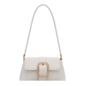 Minimalist white baguette shoulder bag with stylish gold chain buckle and flap closure