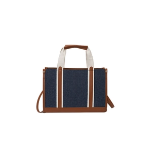 Grand sac cabas en denim avec finitions en cuir marron et poignées en toile tissée blanche
