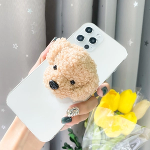 Cute teddy plush dog phone socket on white case with 3D furry dog head holder
