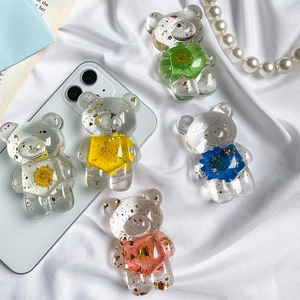 Bear Shaped Transparent Resin Phone Grip With Real Dried Flower And Gold Foil Universal Expandable Phone Holder Stand