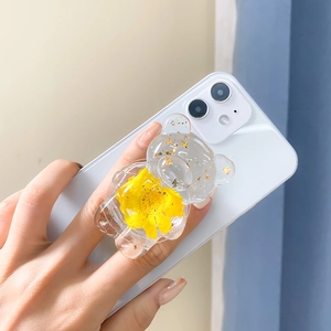 Cute transparent bear phone socket grip featuring real yellow dried flower and gold foil