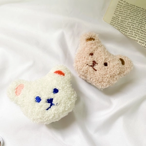 Cute teddy plush bear phone socket grip in white and beige colors with embroidery