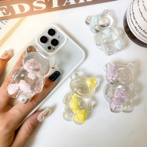 Support Airbag Téléphone Ours Mignon Extensible Résine Transparente Acrylique Avec Remplissage Fibres Peluche Colorées