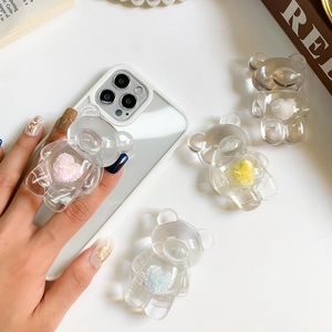 Transparent bear phone socket grip with colorful flocked hearts on white mirror case