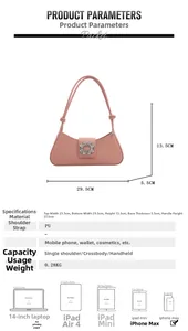 Size chart showing dimensions and capacity of the pink PU baguette shoulder bag