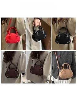 Collage of model wearing a vintage suede bowling bag with stud details in four colors
