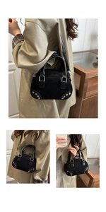 Detail of black suede pillow bag with silver rivets shown from multiple modeling angles