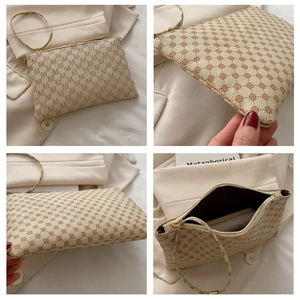 Detailed views of beige envelope clutch with M-pattern texture and gold zipper details