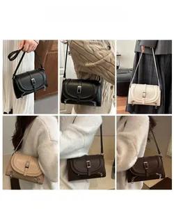 Multiple views of retro leather crossbody bags in five colors worn by a female model