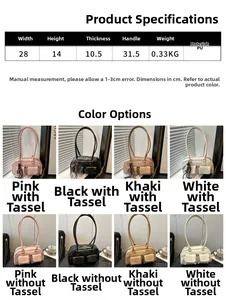 Size chart for chic PU shoulder bag showing dimensions 28x14x10.5 cm and color variants