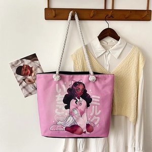 Pink canvas tote bag featuring Japanese anime illustration and soft cotton rope handles