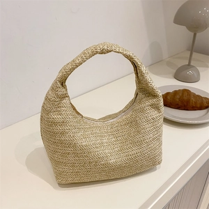 Minimalist woven straw hobo handbag in cream beige, elegant autumn fashion accessory