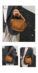 Detailed views of brown suede crossbody bag with gold hardware on autumn leaves