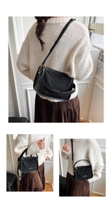 Black leather crossbody bag with top handle and adjustable strap in diverse styling views