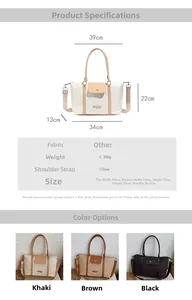 Detailed size chart and color options for large nylon dumplings style travel handbag