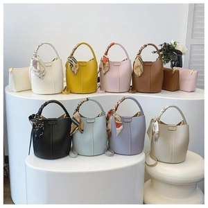 Women Bucket Bag Lychee Grain PU Leather Crossbody With Satin Scarf Handle Decoration Fashion Pouch Handbag For Daily