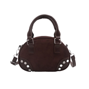 Retro coffee brown suede bowling bag with silver rivet studs and a top handle
