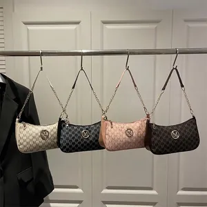 Women Retro Monogram Print PU Leather Shoulder Bag With Gold M Logo Metal Decoration Chain Strap Underarm Small Square Bag