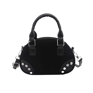 Retro black velvet Boston handbag with silver rivets and adjustable shoulder strap