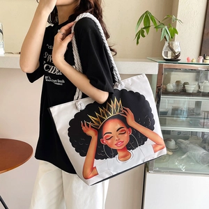 Classic white canvas tote bag with crown girl print and thick rope handles for women