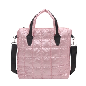Pink quilted puffer tote bag with metallic finish, black leather handles and shoulder strap
