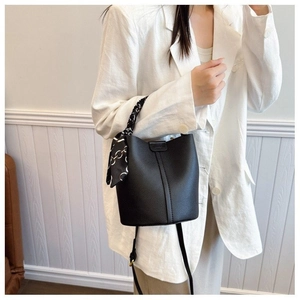 Litchi pattern leather bucket bag with silk scarf and adjustable shoulder strap