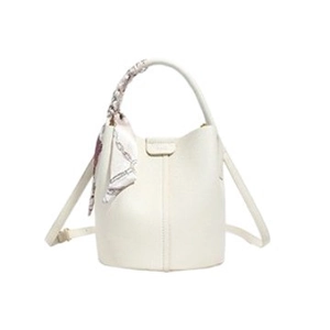 Chic cream lychee pattern leather bucket bag with elegant silk scarf and gold hardware