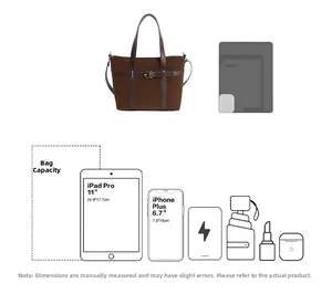 Visual size guide of dark brown tote bag showing capacity for iPad and phone
