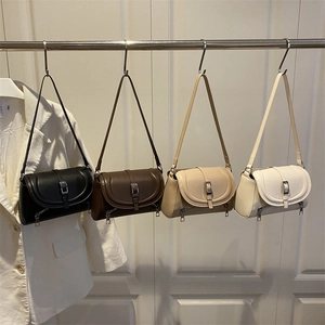 Retro Women PU Leather Shoulder Bag Underarm Bag With Silver Square Buckle Double Zipper Decoration Minimalist Daily Chic