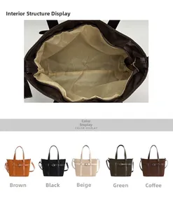 Detail showing spacious interior lining and five stylish colors for this tote bag