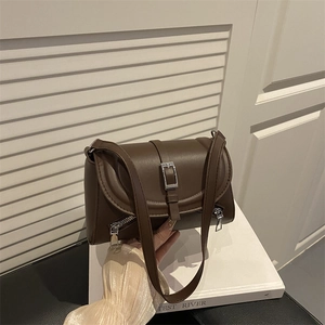 Minimalist dark brown crossbody bag with silver buckle and decorative zippers in matte leather